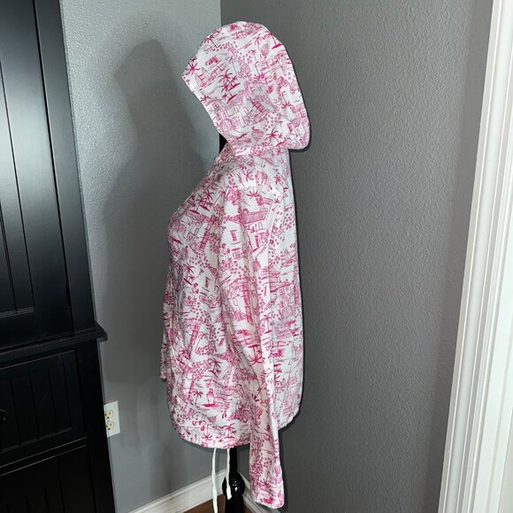 Christopher & Banks Hooded Top Size M Pullover Pink White Scenic Print Vacation - Picture 2 of 9